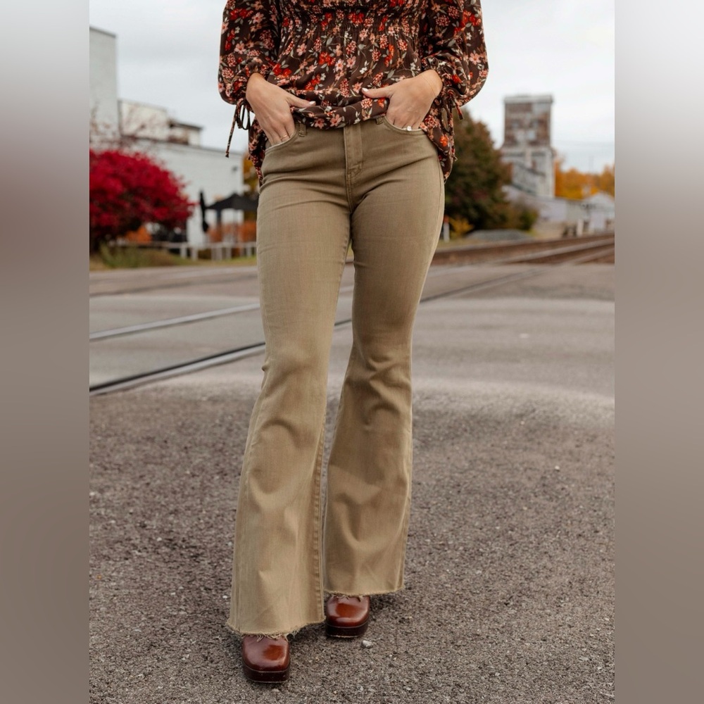 Green High Rise Flare Jeans